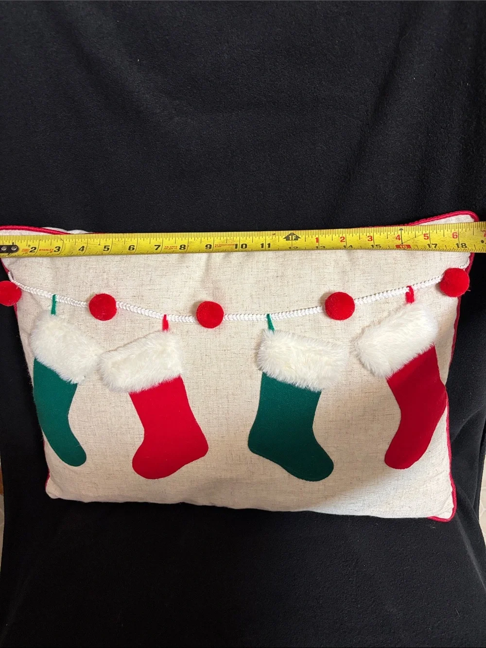 Christmas Stocking Decor Pillow Green and Red, Cream Color